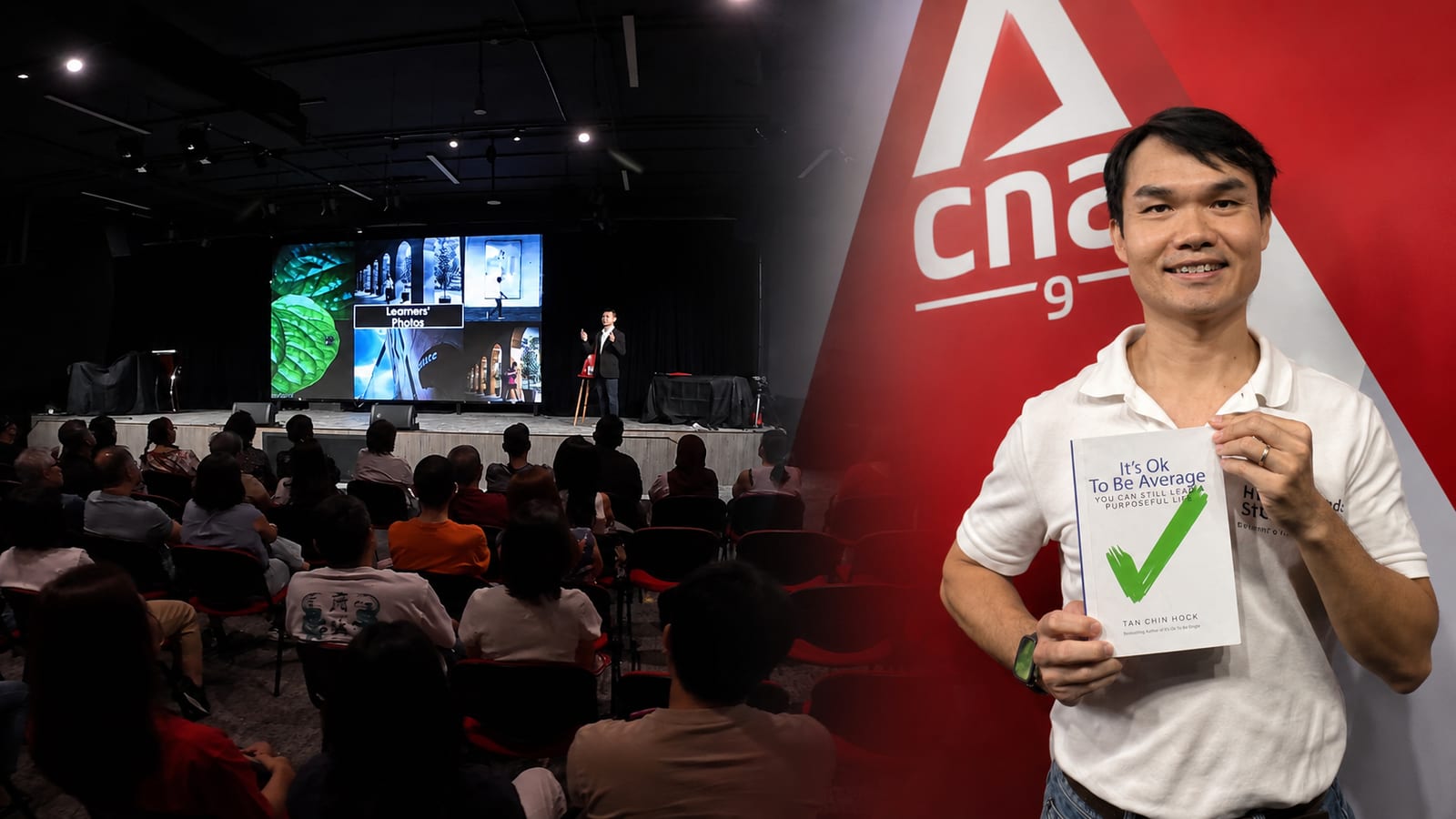Coach Chin Hock speaking on stage to a full audience, and at Channel News Asia holding his book It's Ok To Be Average