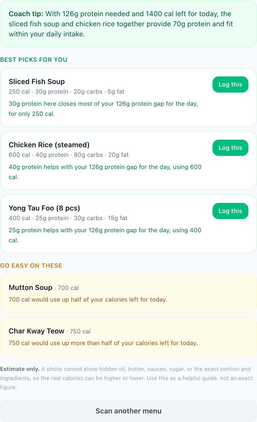 A real menu scan in the app: best picks and go-easy dishes chosen for the user's protein gap and calories left for the day