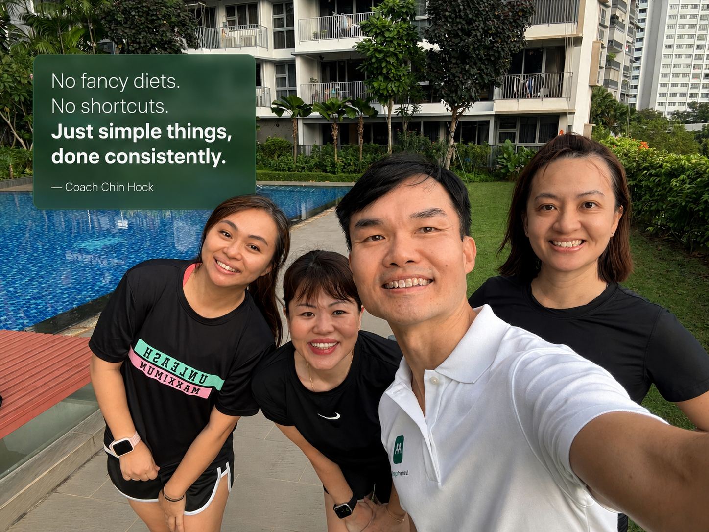 Coach Chin Hock with three LeanerTogether members after a morning workout